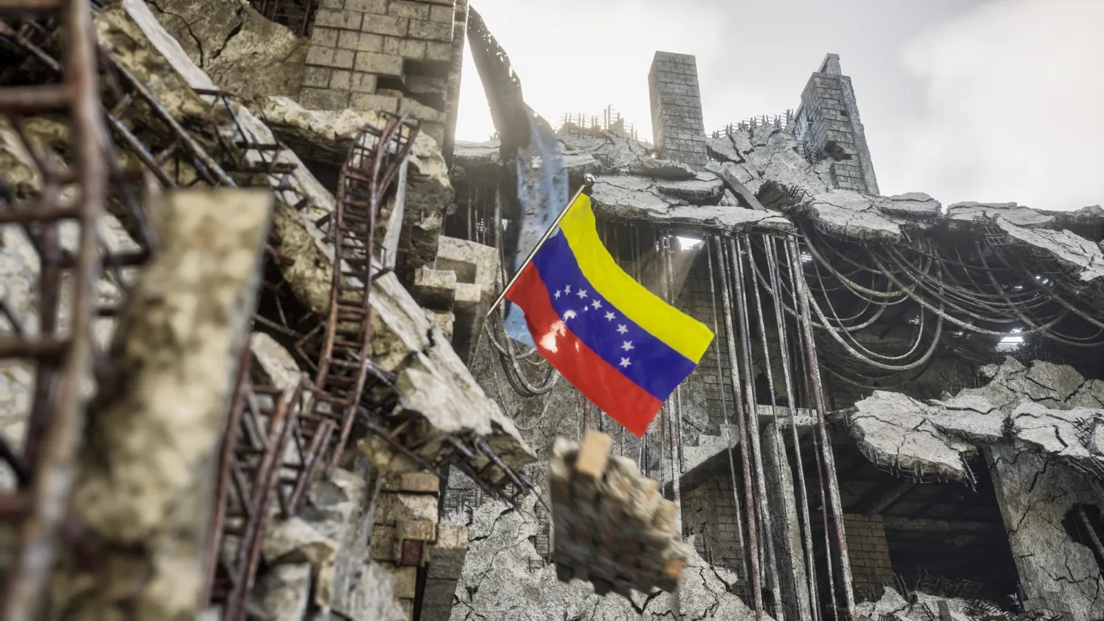 Venezuelan flag amid the rubble of a collapsed building after an earthquake