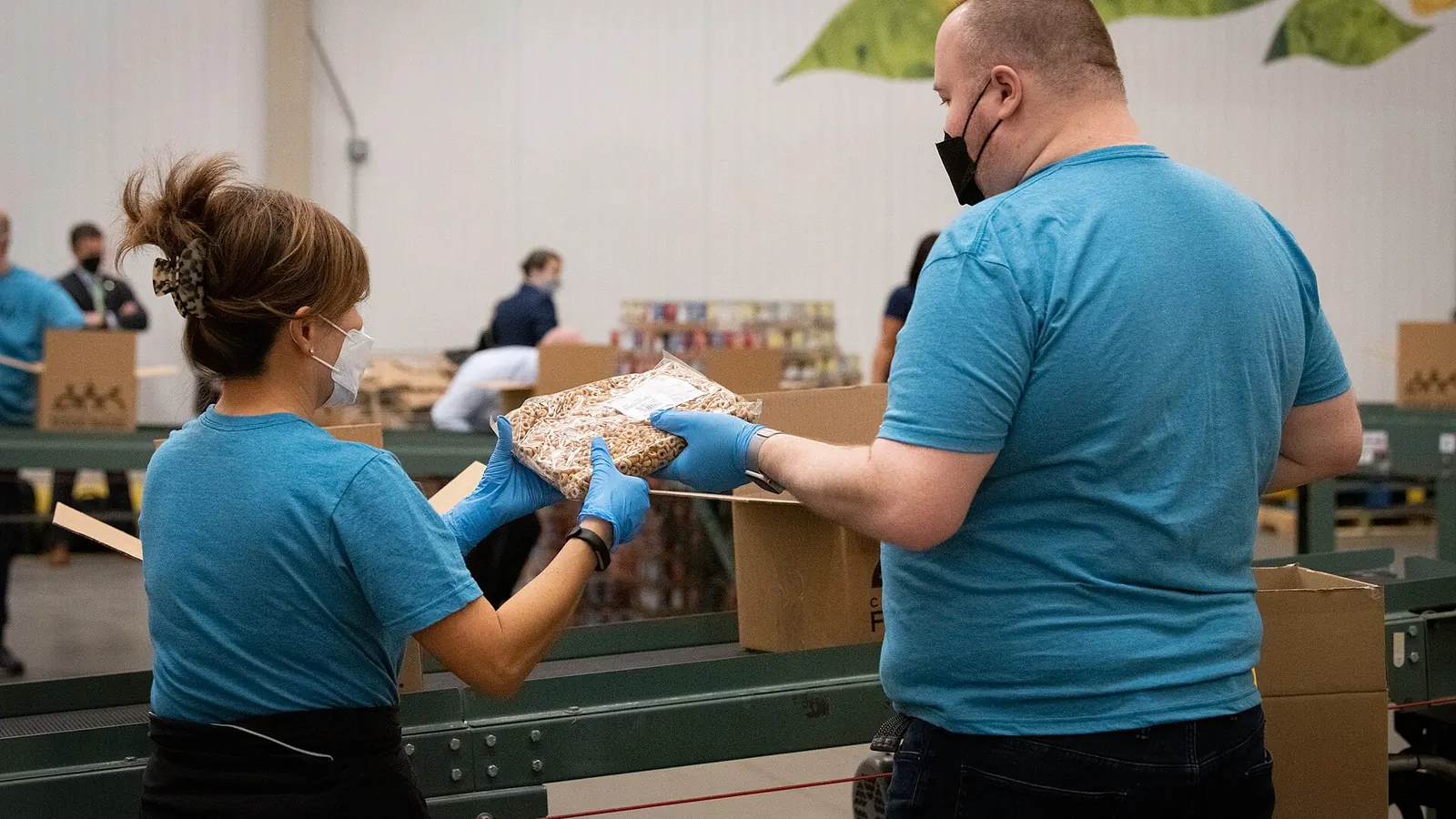 Volunteers packing boxes of groceries at a community food bank