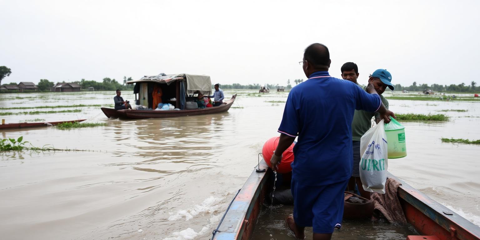 Relief boat delivering supplies through a flooded village in Bangladesh