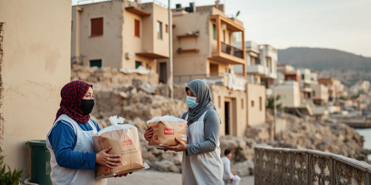 Aid workers carrying relief parcels past damaged buildings in a coastal city