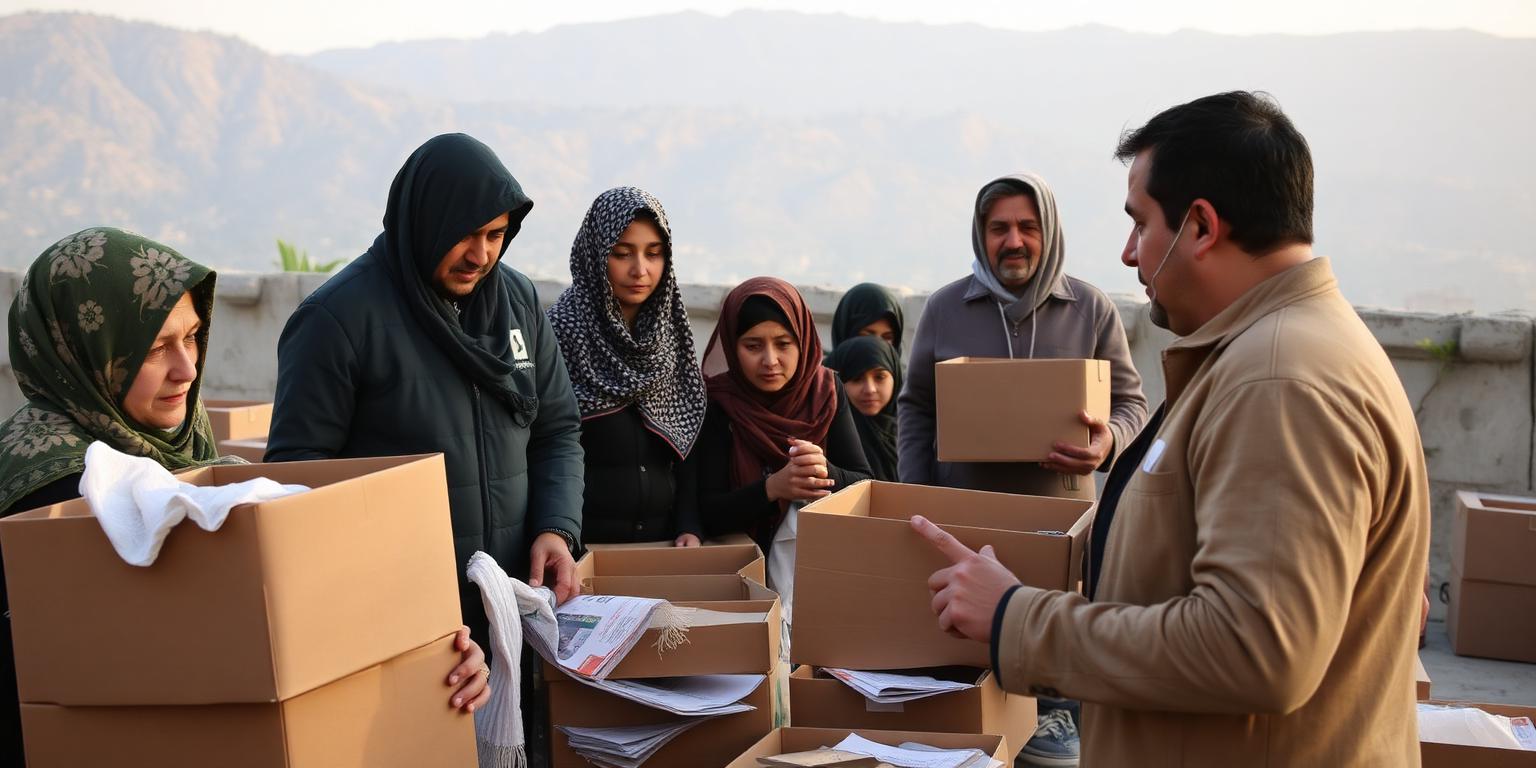 Displaced families receiving supply boxes at a community shelter in Lebanon