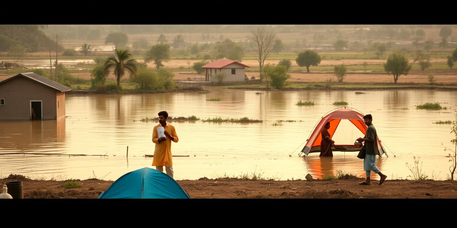 Emergency tents beside floodwaters in rural Pakistan