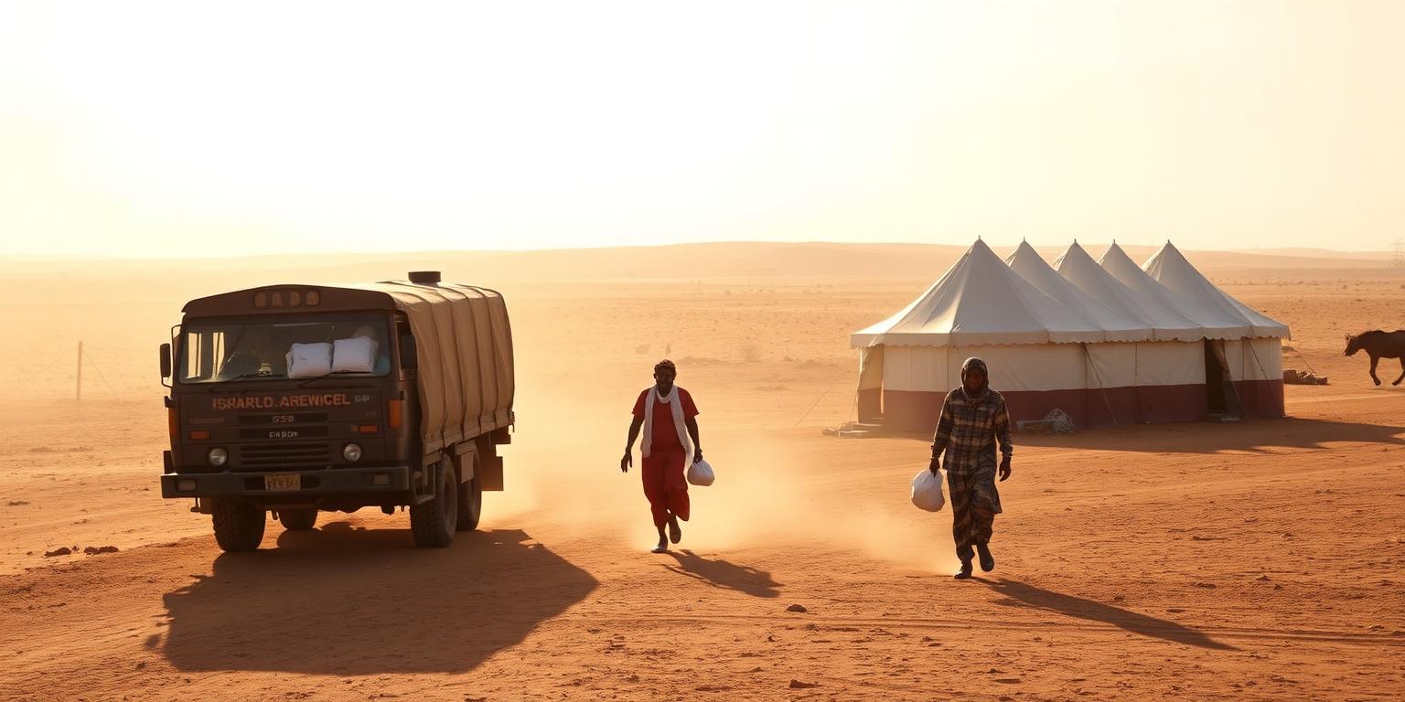 Aid convoy and shelter tents in an arid displacement site in Sudan