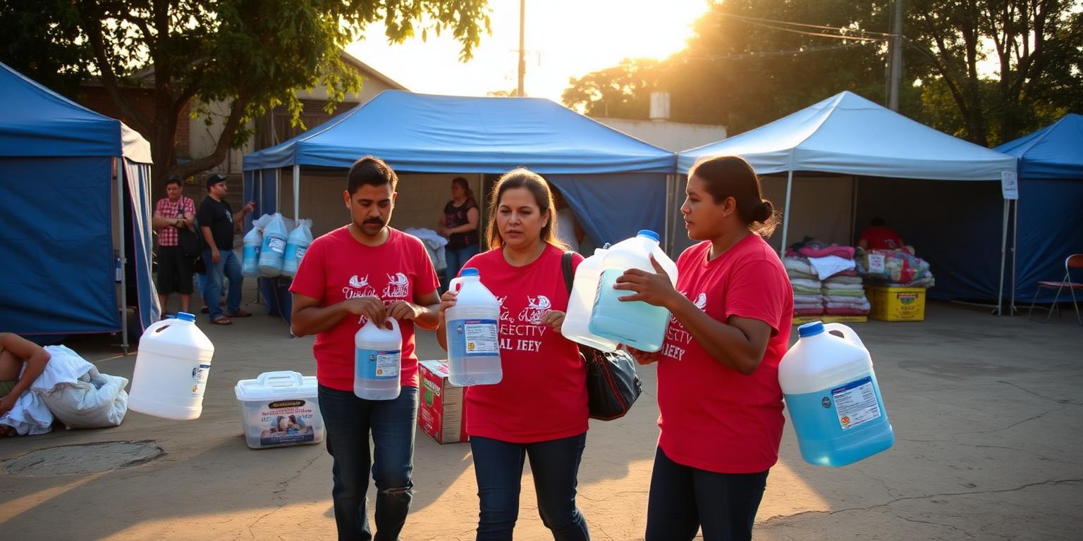 Volunteers handing out water and blankets at a relief tent site in Venezuela